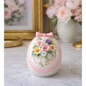 Lefton Exclusives Japan Hand Painted Pink Bisque Egg Candy Trinket Box Ribbon